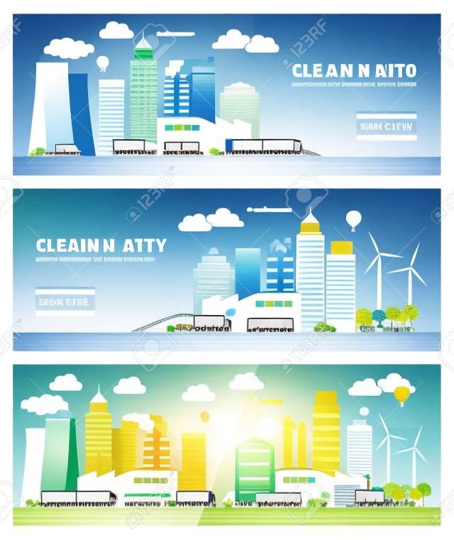 Clean and polluted city banners set, environmental care and urban sustainability concept