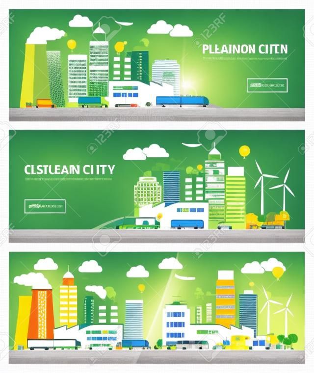Clean and polluted city banners set, environmental care and urban sustainability concept