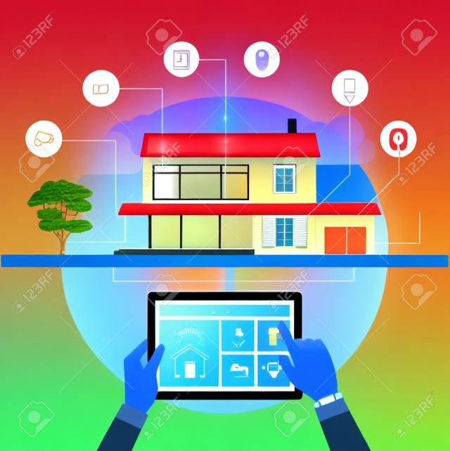 Smart House Systemsteuerung und mobile App auf einem Tablet, moderne Haus mit Icons auf dem Hintergrund