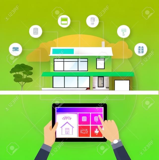 Smart house system control and mobile app on a tablet, contemporary house with icons set on the background