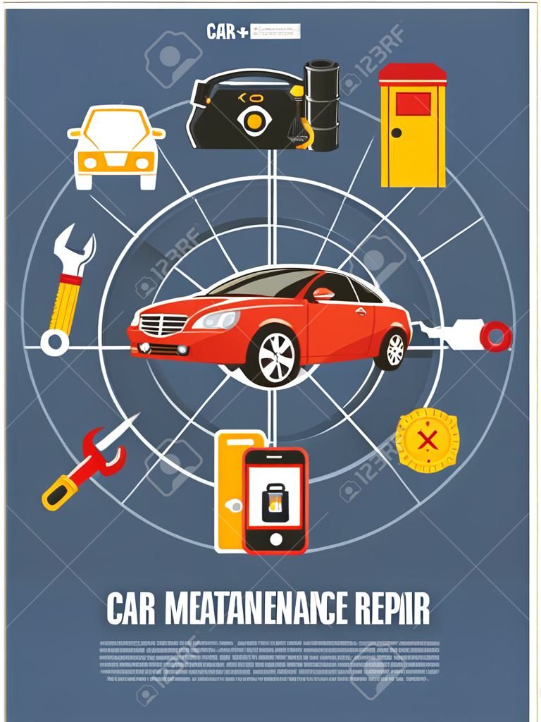 Техническое Обслуживание И Ремонт Автомобилей Концепция Плакатов, Красный  Автомобиль Повышенной Комфортности В Окружении Автозапчастей, Инструментов  И Значки Клипарты, SVG, векторы, и Набор Иллюстраций Без Оплаты Отчислений.  Image 69138880