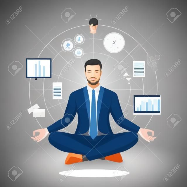 Businessman practicing mindfulness meditation; yoga and self consciousness concept