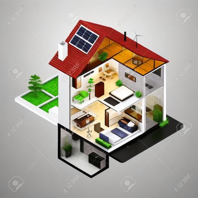 Современное энергоэффективное изометрическое сечение дома и интерьеры комнат на белом фоне, концепция недвижимости и эко-зданий