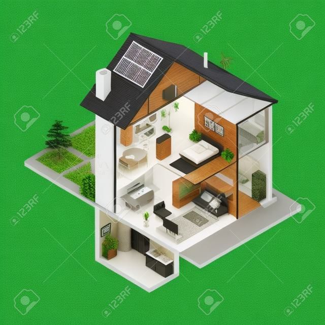 Kortárs energiahatékony izometrikus ház keresztmetszet és szoba belső terek, fehér háttér, ingatlan és öko épületek koncepciója