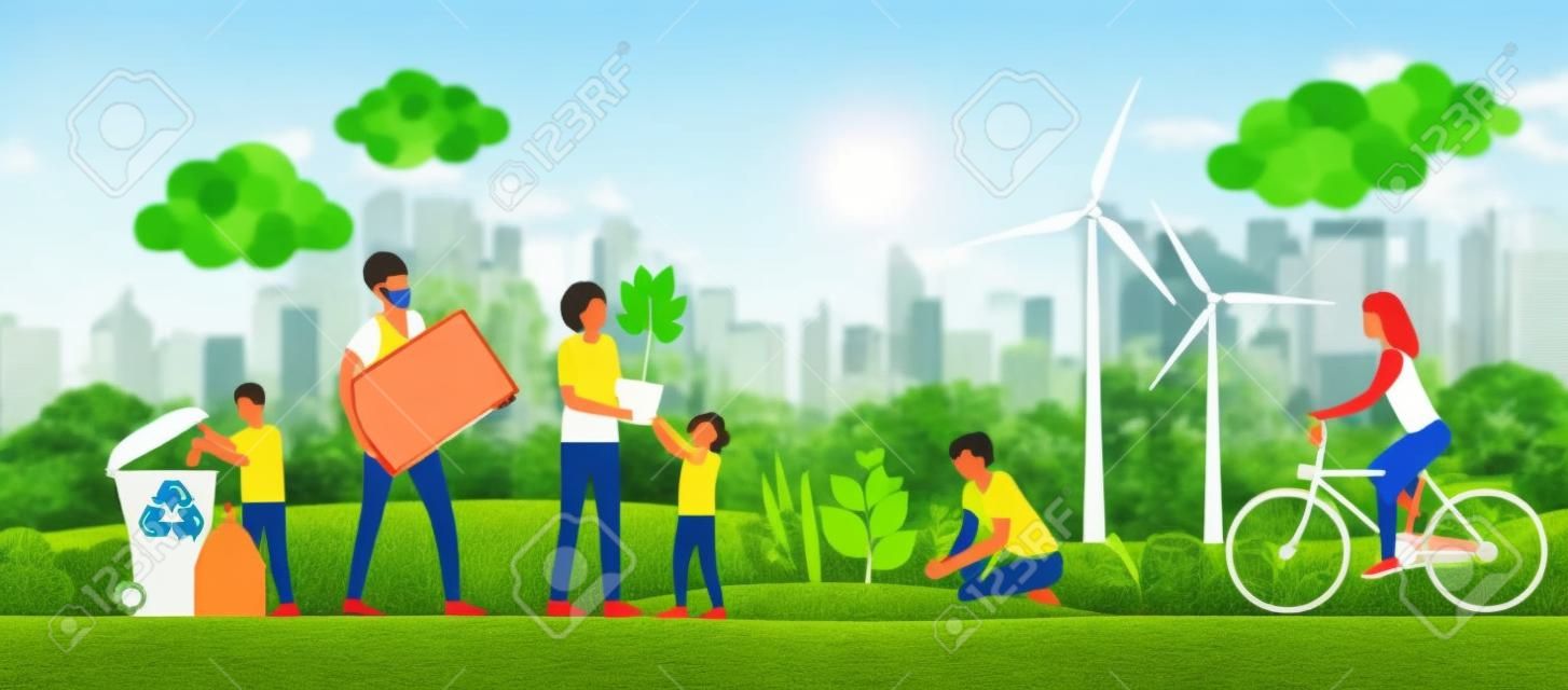 Grupa wieloetniczna wybierająca zrównoważony, ekologiczny styl życia: ludzie zbierający i przetwarzający odpady w parku, uprawiający rośliny i wykorzystujący alternatywne źródła energii odnawialnej, ekologia i koncepcja współpracy