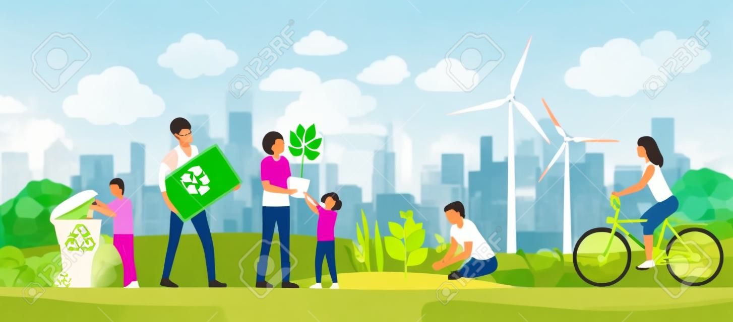 Grupa wieloetniczna wybierająca zrównoważony, ekologiczny styl życia: ludzie zbierający i przetwarzający odpady w parku, uprawiający rośliny i wykorzystujący alternatywne źródła energii odnawialnej, ekologia i koncepcja współpracy