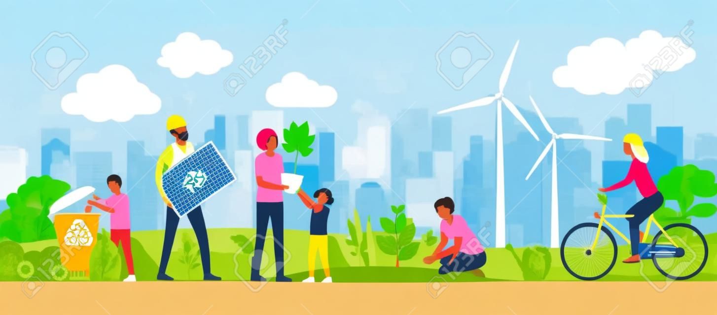 Multiethnic group choosing a sustainable eco-friendly lifestyle: people collecting and recycling waste in a park, growing plants and using alternative renewable energies, ecology and cooperation concept