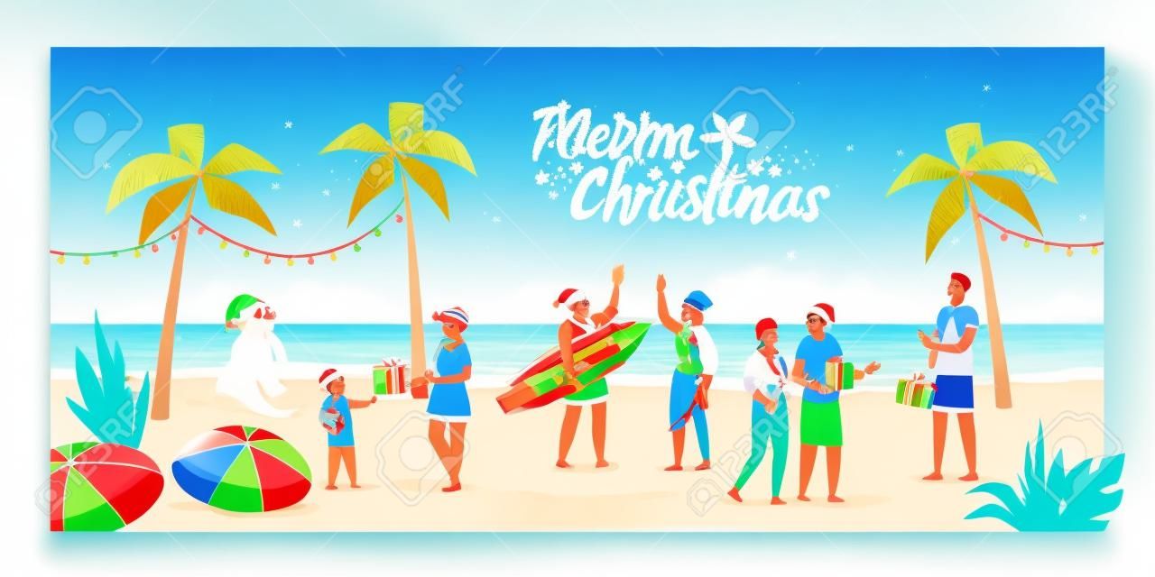 People celebrating Christmas on summer in the southern emisphere, they are partying on the beach and exchanging gifts