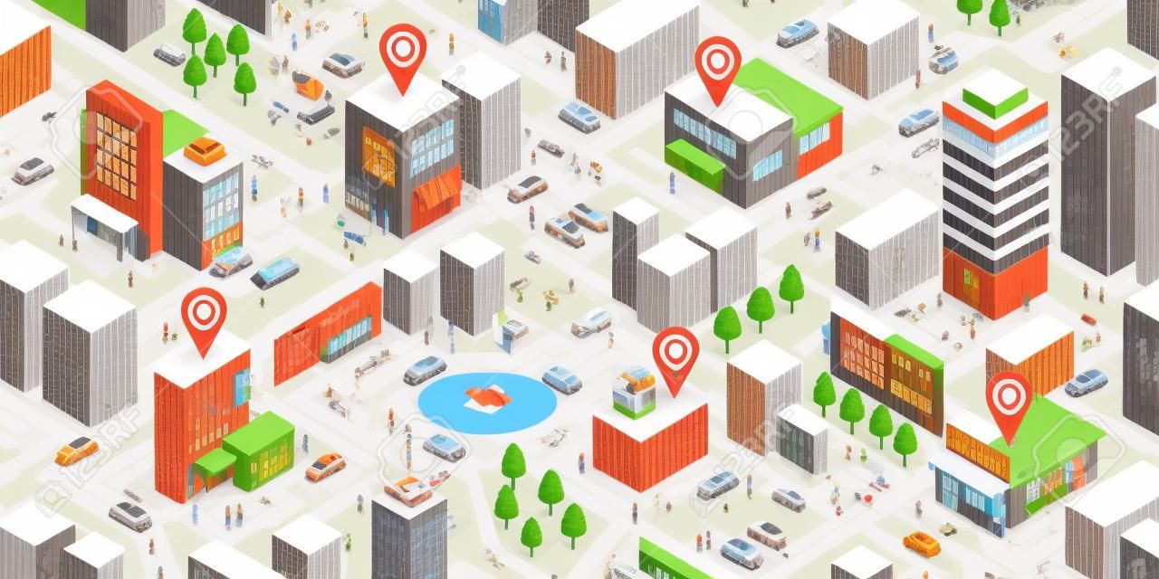 Mappa isometrica della città con persone, edifici e puntatori: promuovi la tua attività locale e il concetto di navigazione GPS