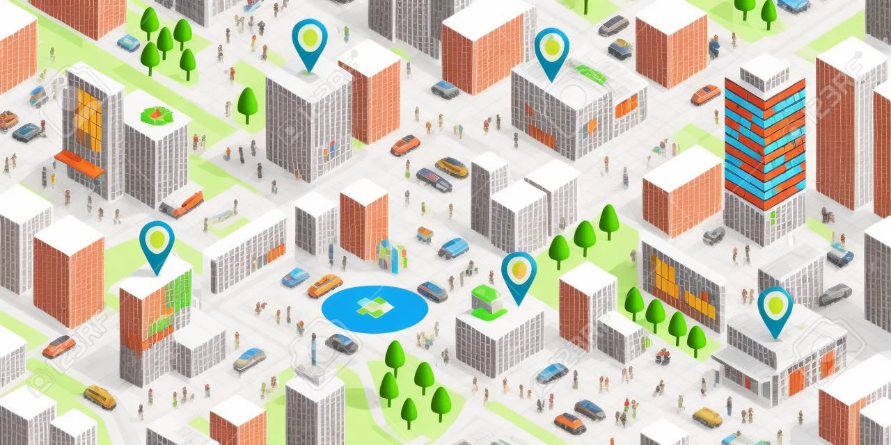 Izometryczna mapa miasta z ludźmi, budynkami i pinezkami: promuj swoją lokalną firmę i koncepcję nawigacji GPS