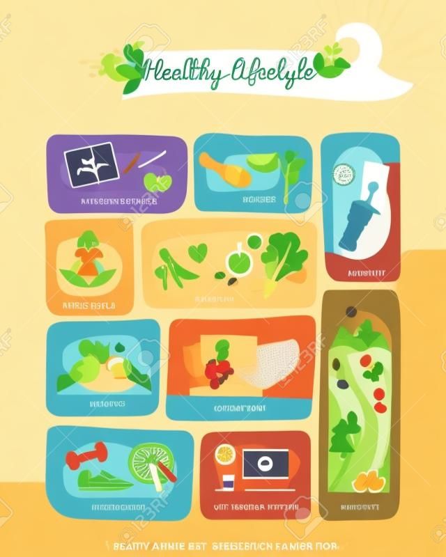 Stile di vita sano e infografica vettoriale per la cura di sé con suggerimenti per una vita sana ed equilibrata