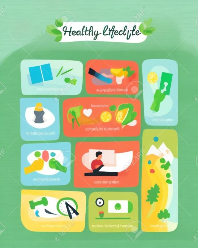 Stile di vita sano e infografica vettoriale per la cura di sé con suggerimenti per una vita sana ed equilibrata
