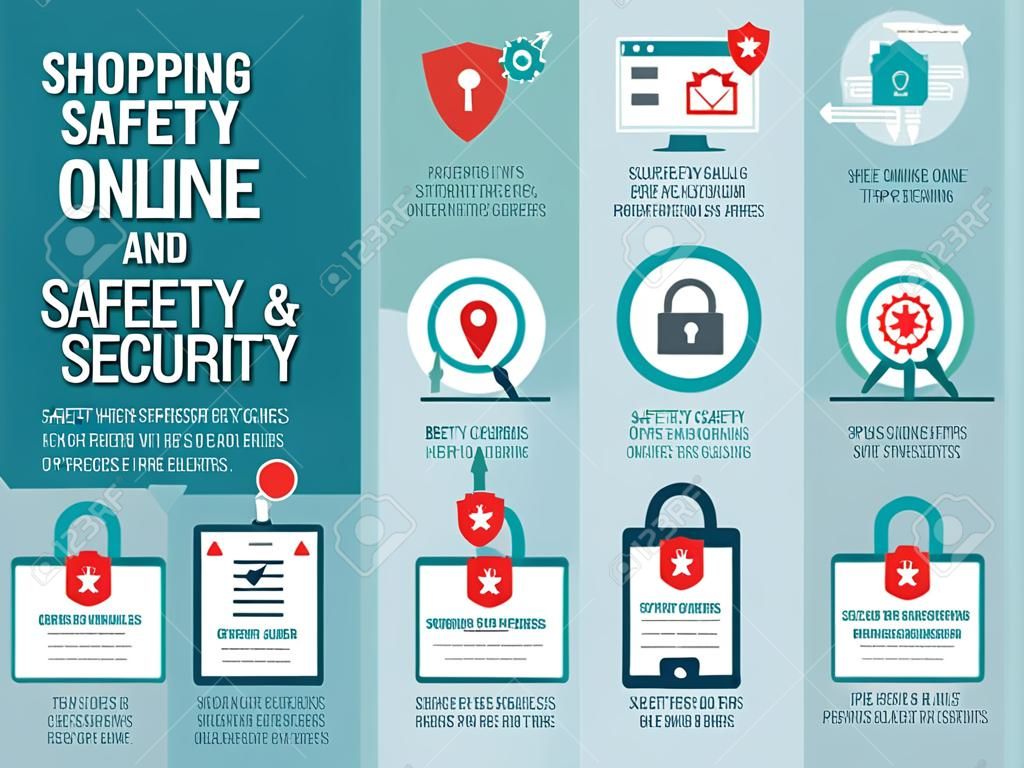 Bezpieczne zakupy online infografika: wskazówki dotyczące bezpieczeństwa i cyberbezpieczeństwa dla bezpiecznych zamówień i transakcji