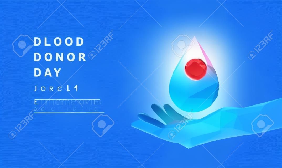 Abstract giving hand with drop of blood. Low poly style design. Blue blood donor day concept. Modern 3d graphic geometric background. Wireframe light connection structure. Isolated vector illustration