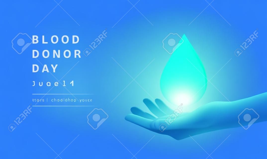 Abstract giving hand with drop of blood. Low poly style design. Blue blood donor day concept. Modern 3d graphic geometric background. Wireframe light connection structure. Isolated vector illustration