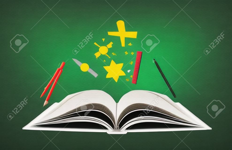 Abstract open schoolbook with icons of school subjects