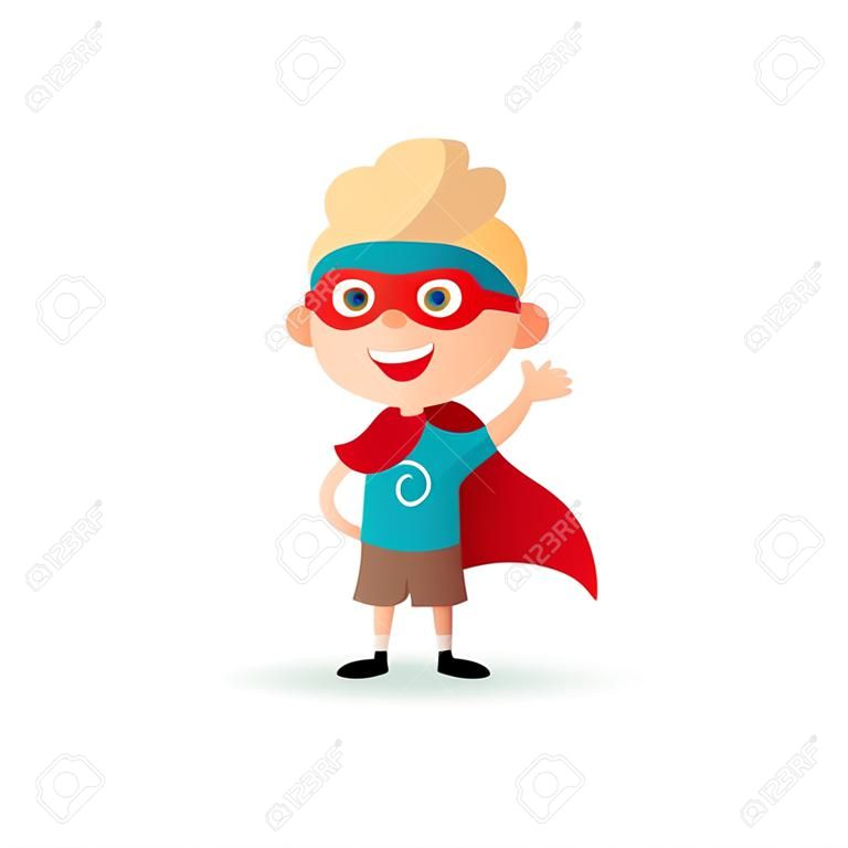 Cartoon superhero boy standing with cape waving in the wind. Happy little hero kid. Children character in red supermen cloak.