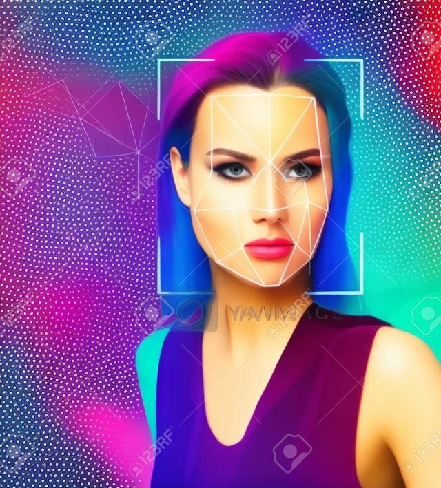 Retrato de una hermosa joven de estilo futurista en el contexto de puntos conectados por líneas.