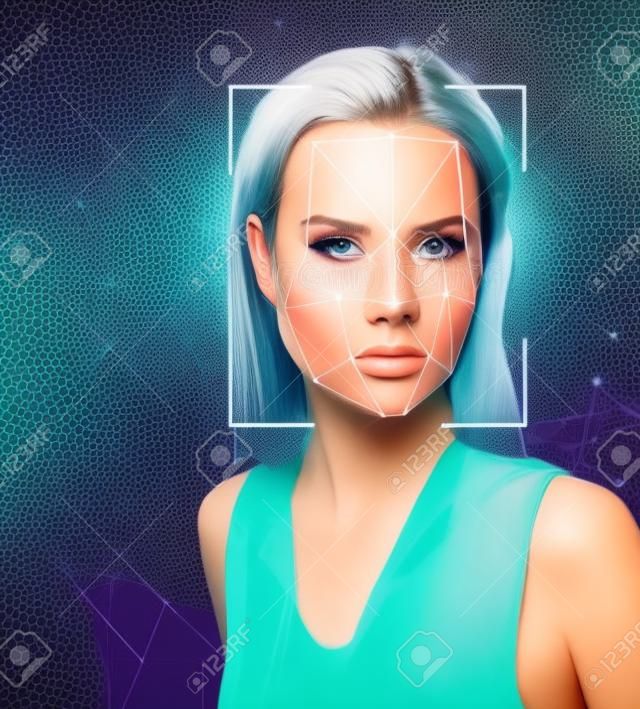 Portrait of a beautiful young woman in futuristic style against the background of dots connected by lines.