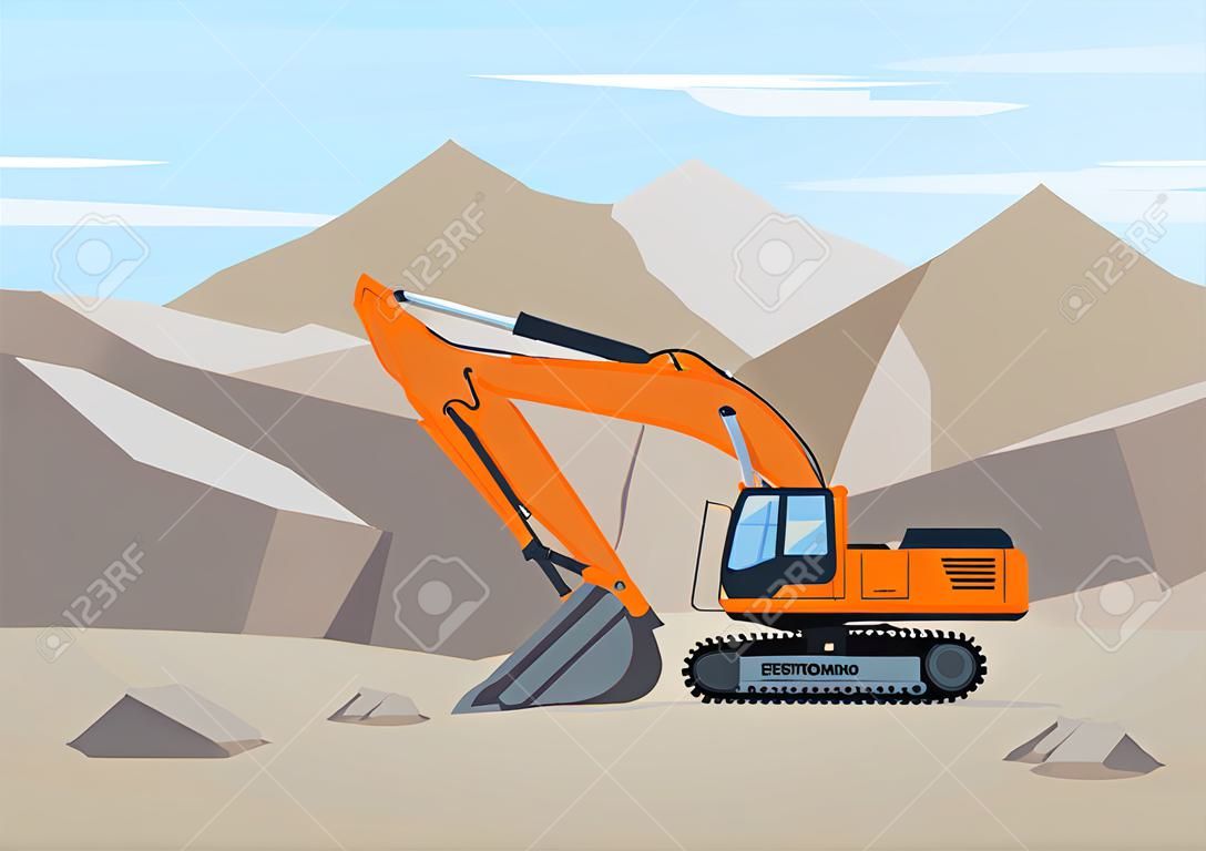 Pomarańczowa koparka kopie ziemię w pobliżu gór maszyny budowlane w akcji ilustracji wektorowych koncepcji robót ziemnych