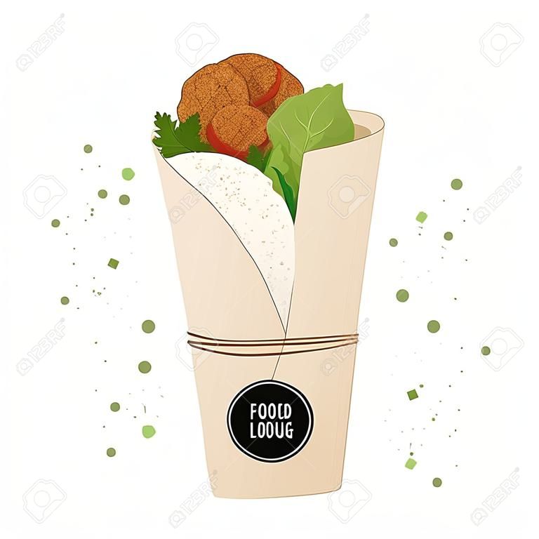 Plato tradicional de la cocina judía Falafel pita roll. Comida vegetariana, envoltorio vegetal con pegatina de logotipo de muestra negra. Aislado sobre fondo blanco.