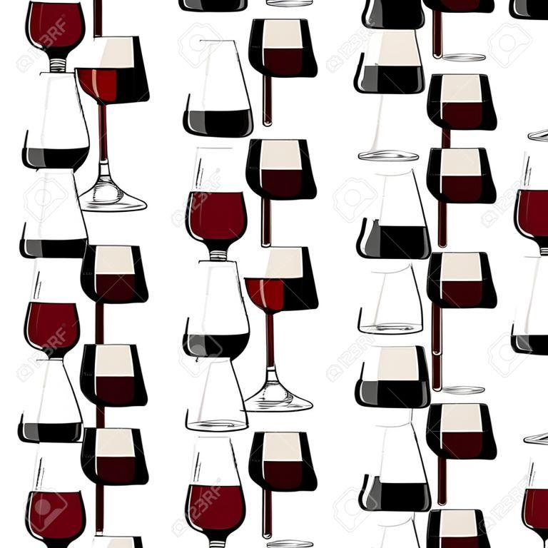 Dark glass bottle and glass of red wine background. Seamless pattern with alcohol drink.