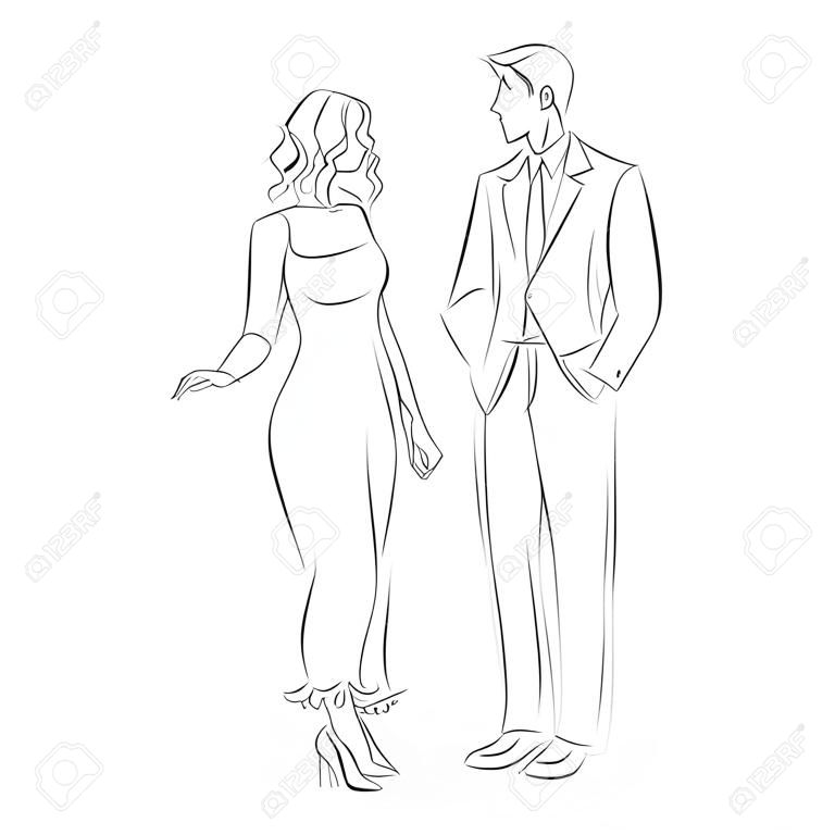 In piedi donna elegante e uomo in tuta in piena lunghezza. Stanno parlando e camminare. E 'come una riunione. Immagine monocromatica di vettore disegnata da linee