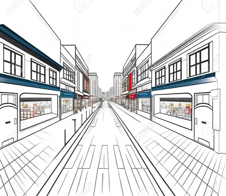 Sketch of urban panorama. Part of city district, shopping street with a lot of shops and storefronts. Minimum color. no gradient. Vector hand drawing.