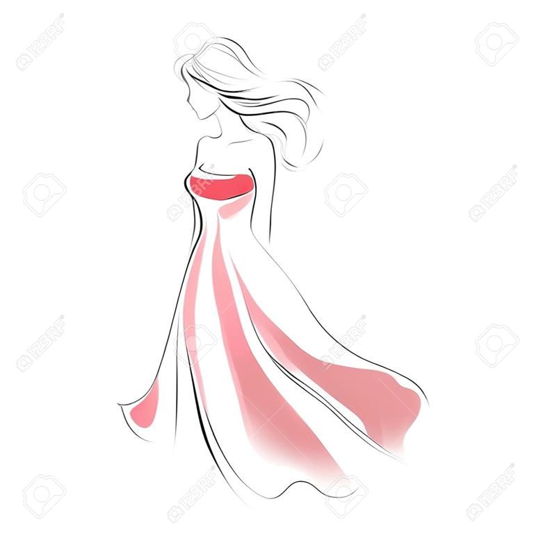 Linia sylwetka młodej smukłej kobiety w długiej sukni wieczorowej z sprzęgło. Moda ręcznie rysowanie ilustracji w dwóch kolorach: szarym i czerwonym. Styl szkicu / Wektorowa konspektu.