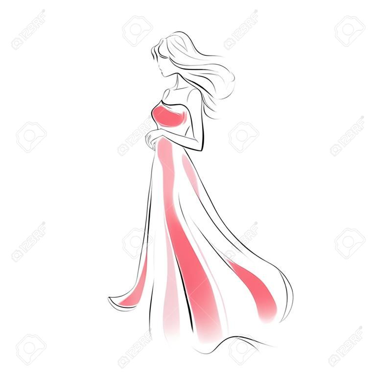 年轻修长女性的线条轮廓，搭配迷人的时尚晚装，手绘手绘插画，两种颜色的灰色和红色素描风格矢量轮廓图片。