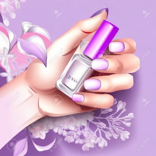 Un'elegante mano femminile con una bella french manicure che tiene lo smalto. I fiori viola sono sullo sfondo. Illustrazione di moda dell'acquerello di vettore con una mano di donna per salone di bellezza e manicure.