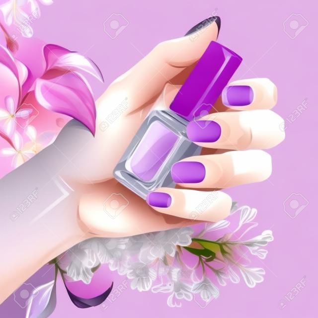 Un'elegante mano femminile con una bella french manicure che tiene lo smalto. I fiori viola sono sullo sfondo. Illustrazione di moda dell'acquerello di vettore con una mano di donna per salone di bellezza e manicure.