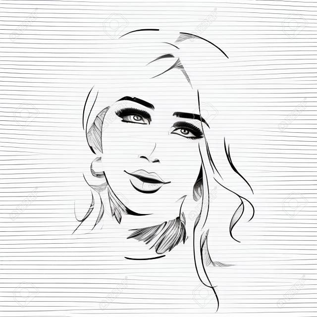 Fashion portrait of young beautiful woman, female head. Girl with pretty face. Scribble line art illustration, Fashion sketch on white background