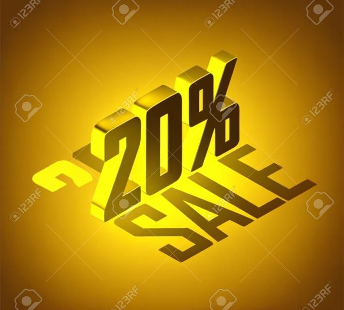 20% percent off, sale, golden-yellow object 3D. Isolated background. Eps10 Vector.