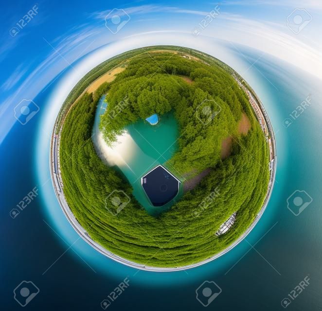 A three dimensional panoramic aerial view of Katariina Seaside Park in a mini planet panorama style., Kotka, Finland.