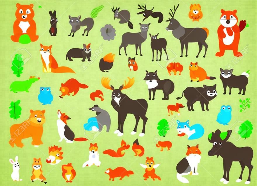 Zwierzęta leśne duże kreskówka wektor zestaw dla dzieci. Mega kolekcja zwierząt w różnych pozycjach dla dzieci. Na białym tle