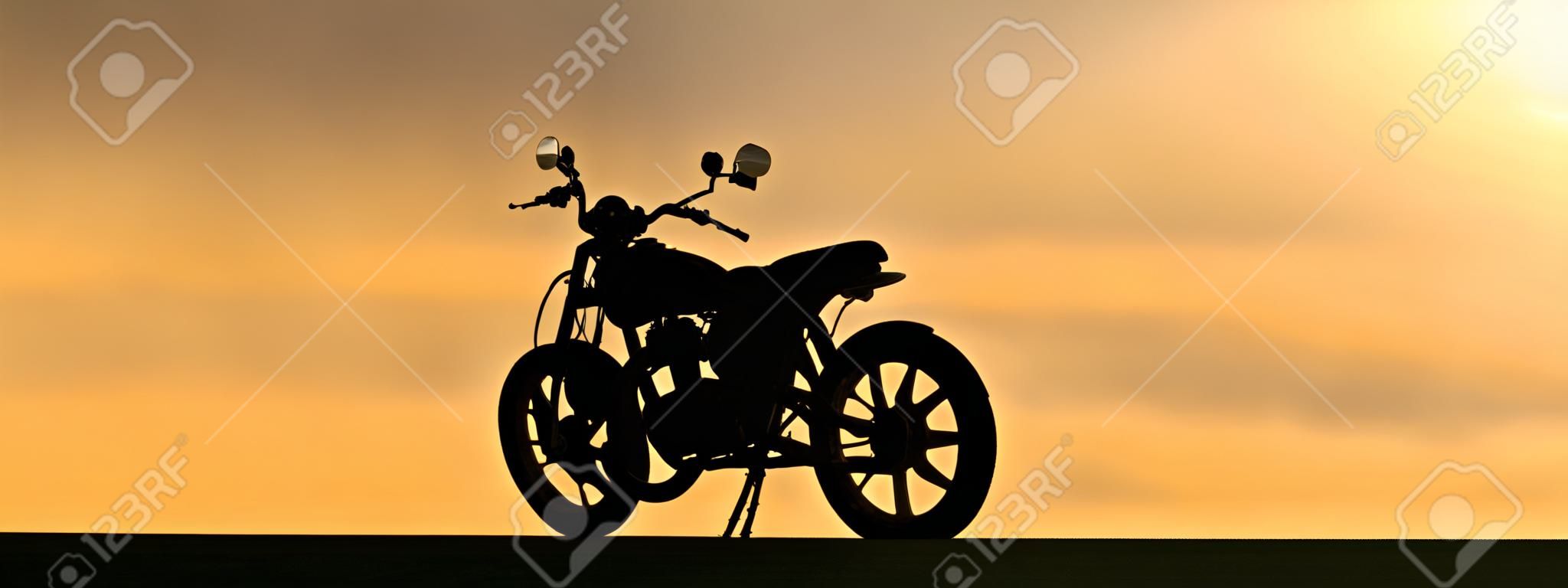 Ombre d'une moto avec des reflets métalliques au coucher du soleil