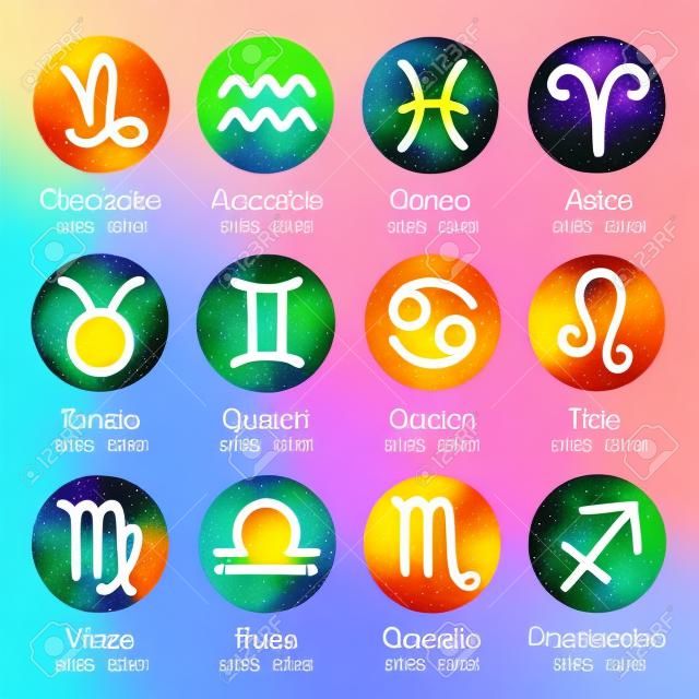 Set of simple stroke zodiac signs on watercolor vector circles background. With dates. Bright, colorful round shapes - blue, green, yellow, orange, red, pink, violet.