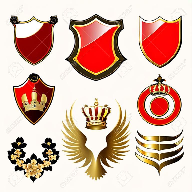 Set of heraldic gold and red design elements