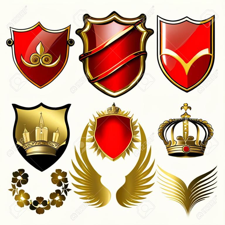 Set of heraldic gold and red design elements