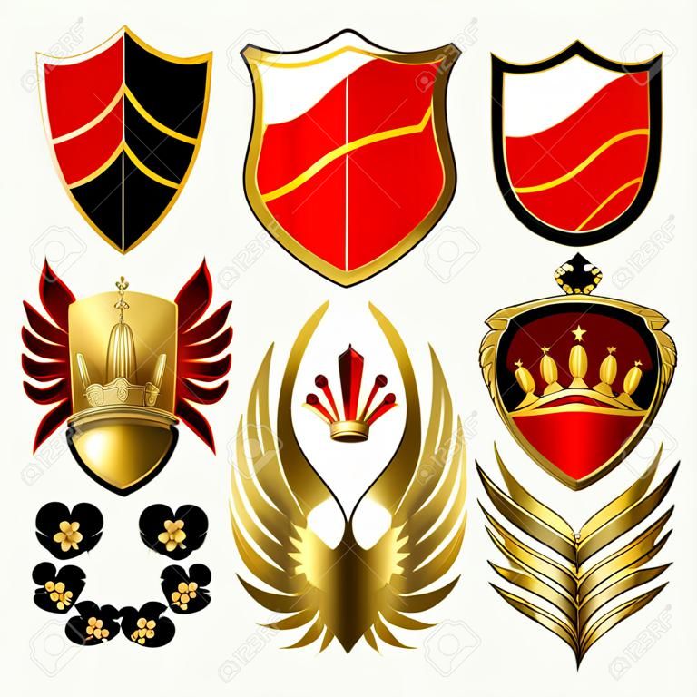 Conjunto de heráldica dorado y rojo los elementos de diseño