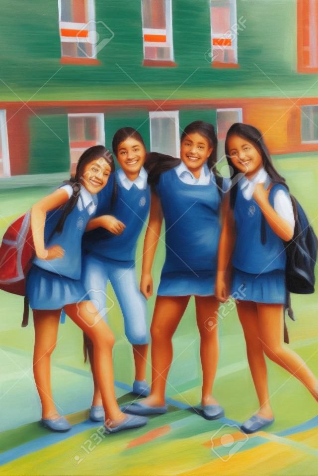 Okul bahçesinde bir grup genç gülümseyen okul kızları portresi