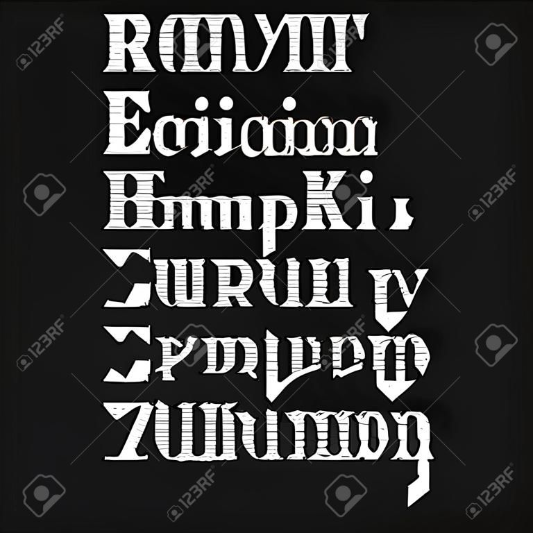 俄國字體，對角艙口蓋，白色，黑背景，傳染媒介。俄語字母，西里爾字母，大寫字母與襯線。
