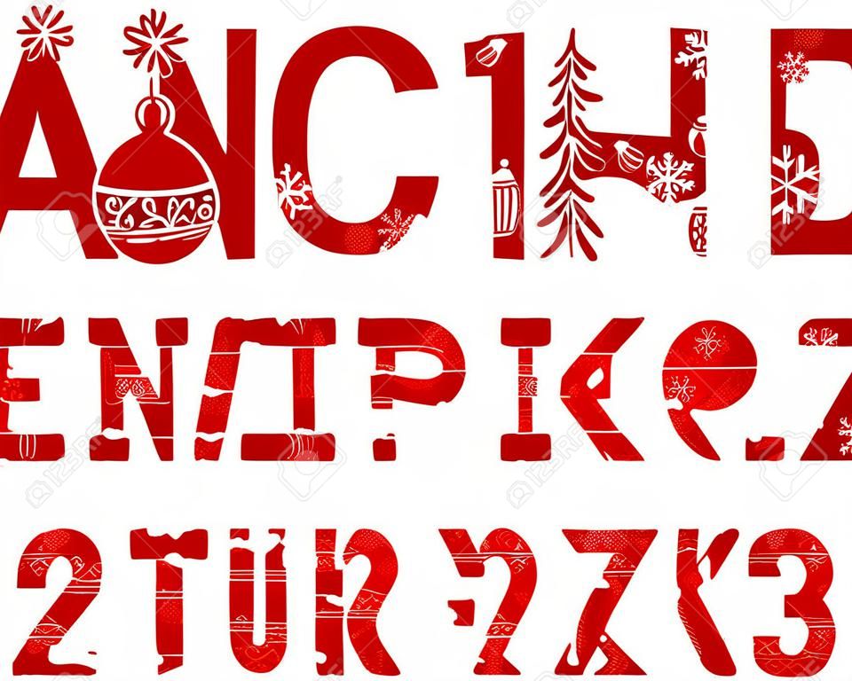 New Year Spanish font, winter, red, vector. Capital letters of the Spanish alphabet. New year and winter fun. White line drawings on a red background. Color font with serif. Vector clip art.