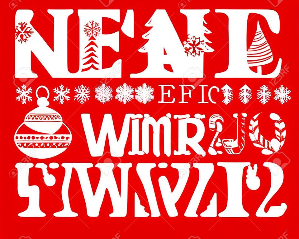 New Year Spanish font, winter, red, vector. Capital letters of the Spanish alphabet. New year and winter fun. White line drawings on a red background. Color font with serif. Vector clip art.