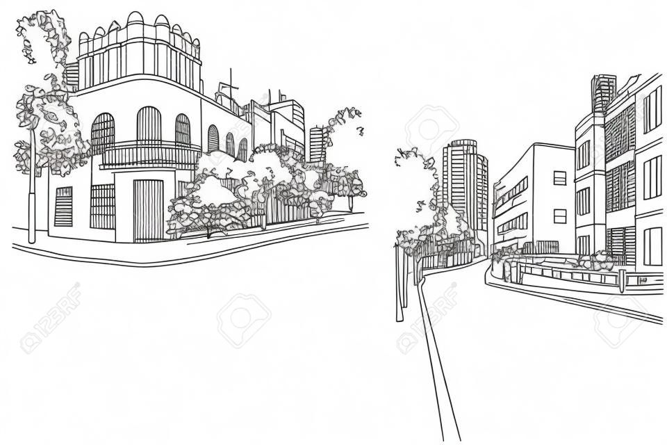 Weiße Stadt Tel Aviv, romantische Stadtlandschaft, Bauhaus-Stil. Tintenlinienskizze. Handzeichnung. Vektorillustration auf weißem Hintergrund.