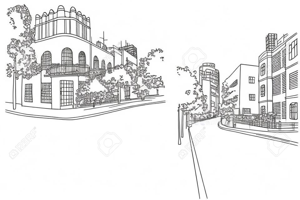 Weiße Stadt Tel Aviv, romantische Stadtlandschaft, Bauhaus-Stil. Tintenlinienskizze. Handzeichnung. Vektorillustration auf weißem Hintergrund.