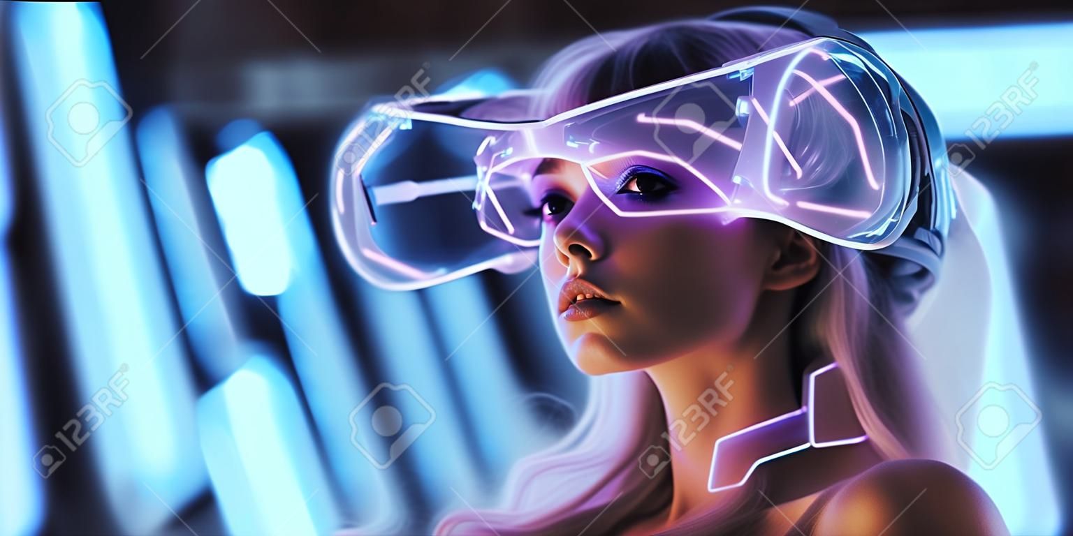 Modello di giovane donna con occhiali di realtà virtuale vr. tecnologia futura del mondo cibernetico digitale del metaverso. occhiali 3d futuristici con proiezione virtuale. luce al neon. giocatore. ai generativo.