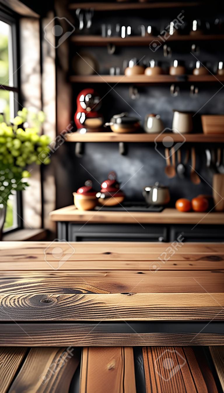 Blurred kitchen interior and wooden board place. AI Generative.