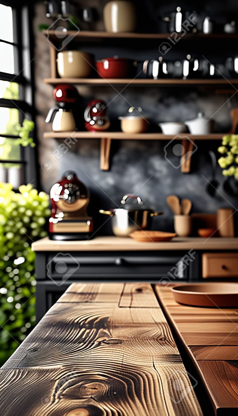 Blurred kitchen interior and wooden board place. AI Generative.